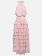 Pink Ruffle Tiered Chiffon Halter Neck Sleeveless A-Line Two-piece Set Top with Skirt