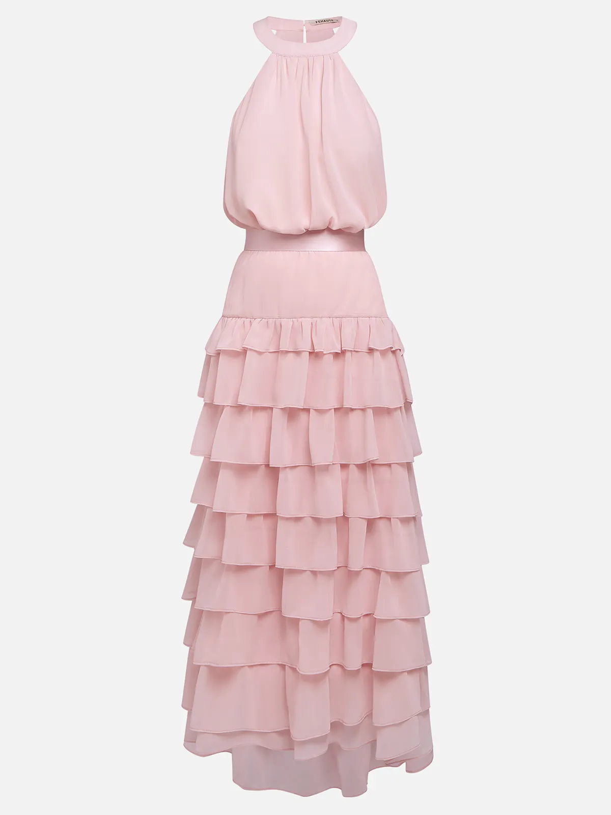 Pink Ruffle Tiered Chiffon Halter Neck Sleeveless A-Line Two-piece Set Top with Skirt