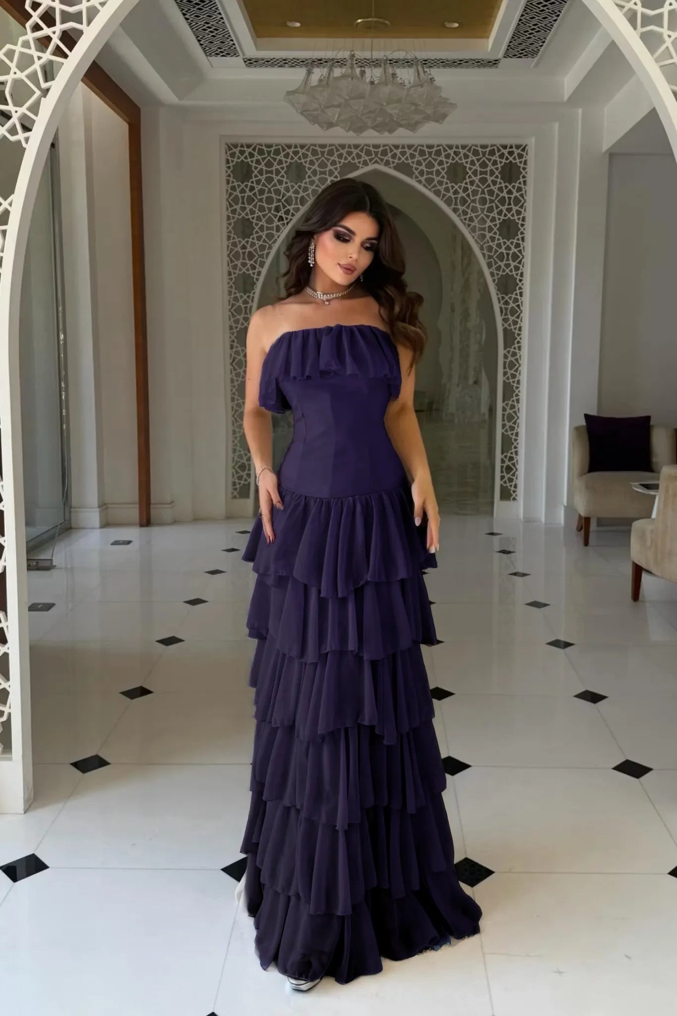Cocoslly Strapless Sleeveless High Waist Long Prom Dress With Ruffles | Nude Champage Chiffon YC0565