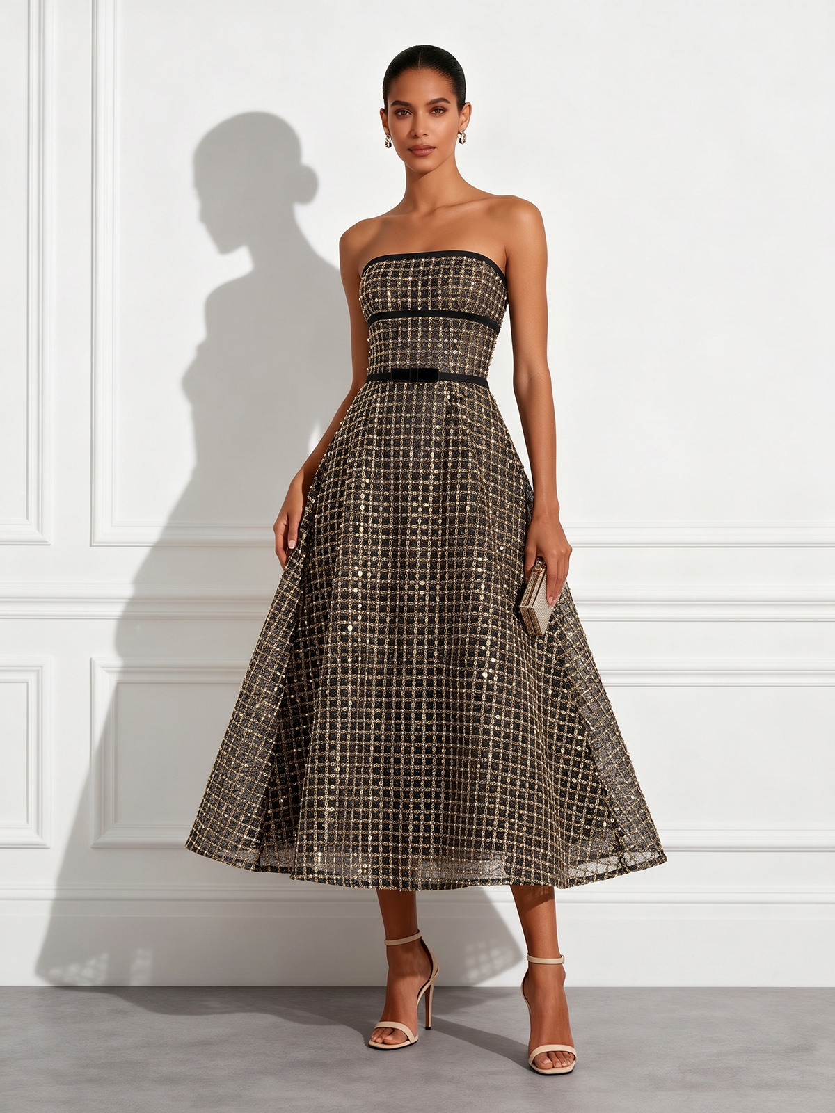 Black Glitter Beaded Sequin Strapless Sleeveless A-Line Midi Dress