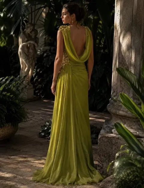 Cocoslly One Shoulder Sleeveless High Waist Long Prom Dress With Rhinstone | Green Chiffon LX0087