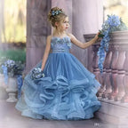 Cocoslly Spaghetti Straps  Sleeveless Flower Girl Dress With Appliques And Rhinstone | Dusty Blue Tulle FL0020
