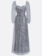Silver Gray Buckle Sequin Sweetheart Neckline Long Sleeve Sheath Maxi Dress