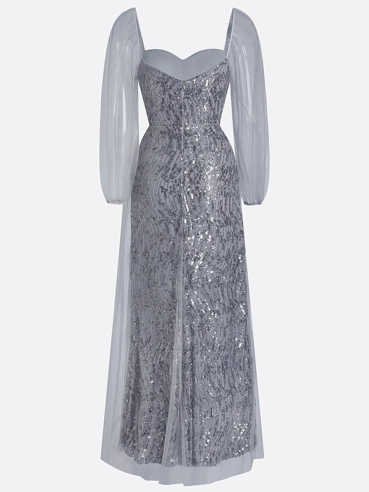 Silver Gray Buckle Sequin Sweetheart Neckline Long Sleeve Sheath Maxi Dress