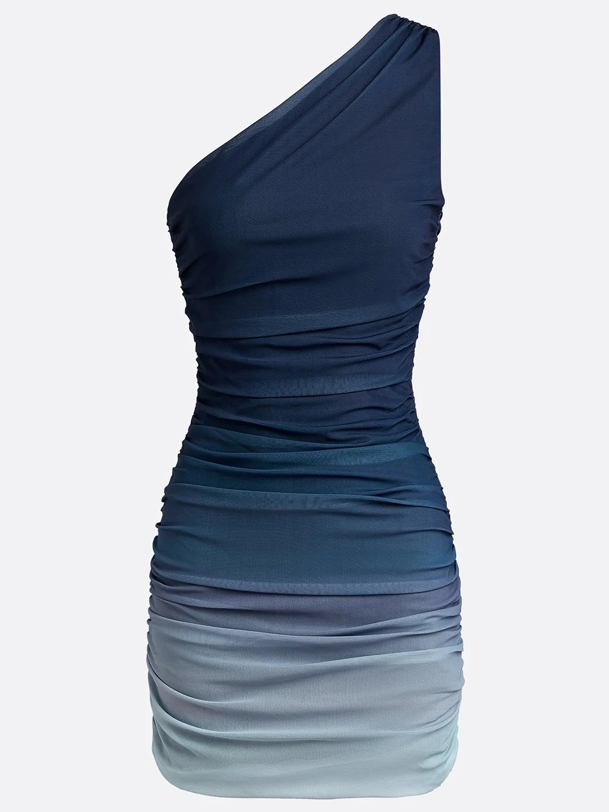 Blue Ruched Ombre Mesh One Shoulder Sleeveless Sheath Maxi Two-Piece Set Dress