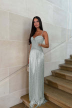 Cocoslly Spaghetti Straps Sleeveless Long Prom Dress With Beadings Tassel | Gold Beaded-Embroidered ZA0298