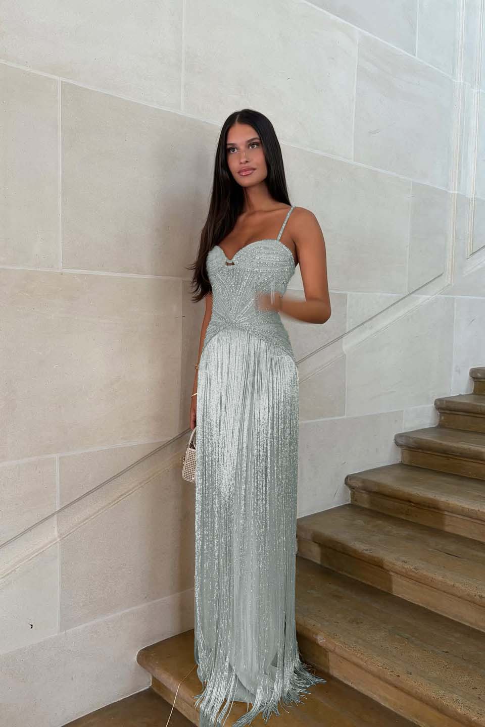 Cocoslly Spaghetti Straps Sleeveless Long Prom Dress With Beadings Tassel | Gold Beaded-Embroidered ZA0298