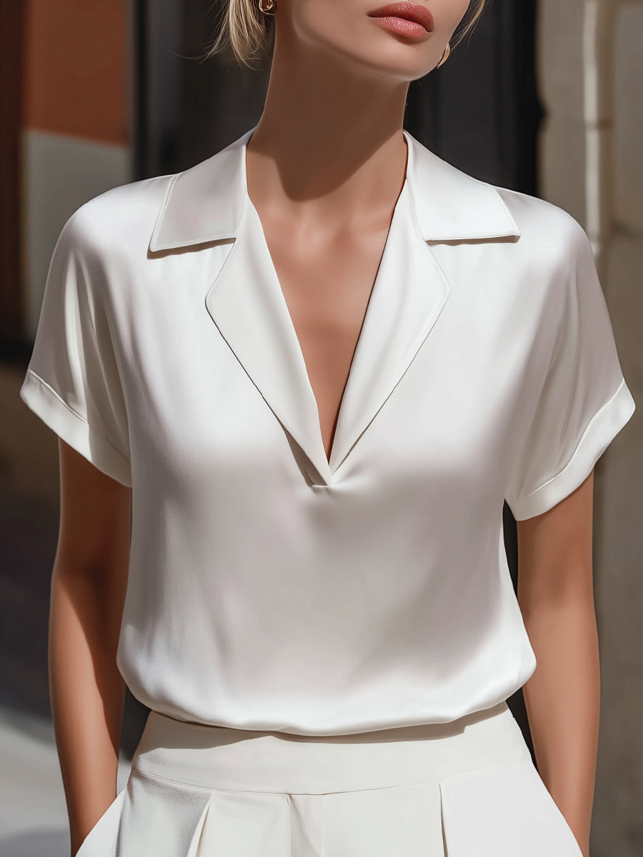 Relaxed Satin Notch Collar Short Sleeve Blouse