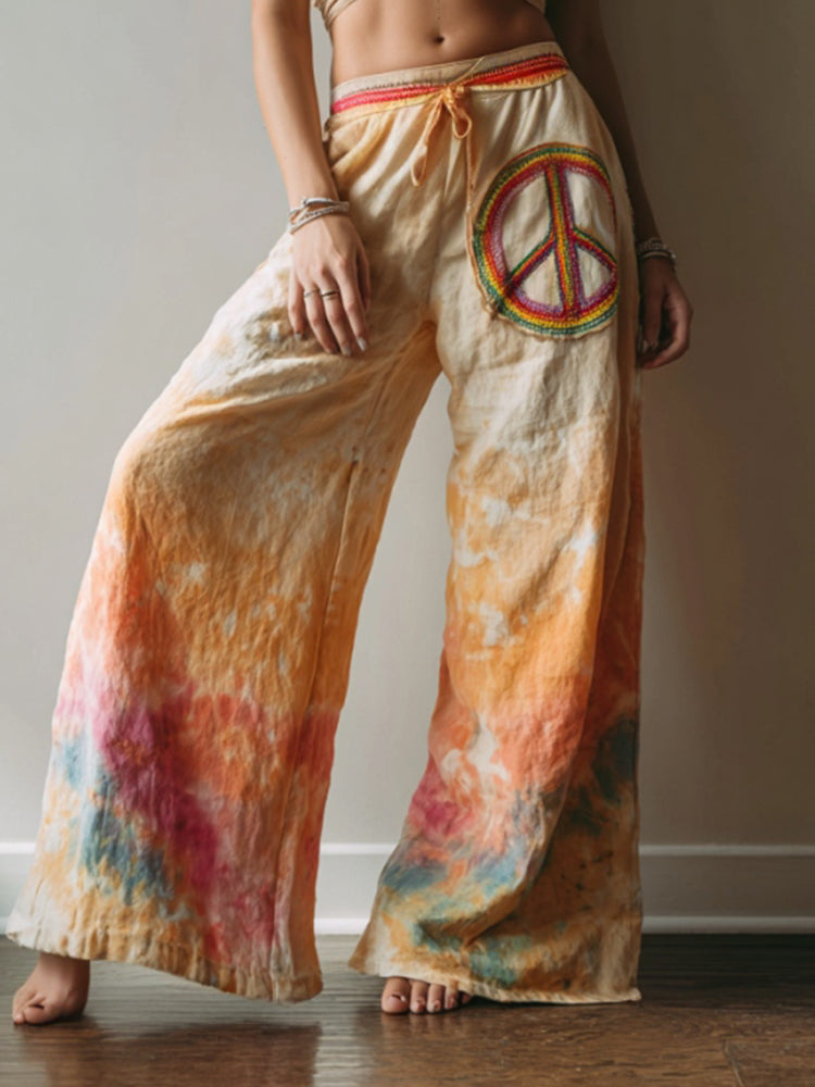 Women's Vintage Hippie Tie-dye Peace Print Casual Pants
