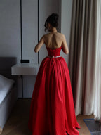 Cocoslly Strapless Sleeveless High Waist Long Prom Dress With Rhinstone | Burgundy Satin CO0171