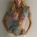Women's Boho Spring With Floral Gradient Art Flowy Linen Blend Short Sleeve Tops