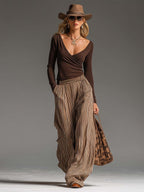 Retro Boho Brown Surplice V-Neck Long-Sleeve Top And Striped Pleated Wide-Leg Cotton-Linen Pants Set