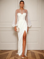 White Faux Pearl Side-Slit Classic Crew Neck Long Sleeve Puff Sleeve Sheath Bridal Gown Dress
