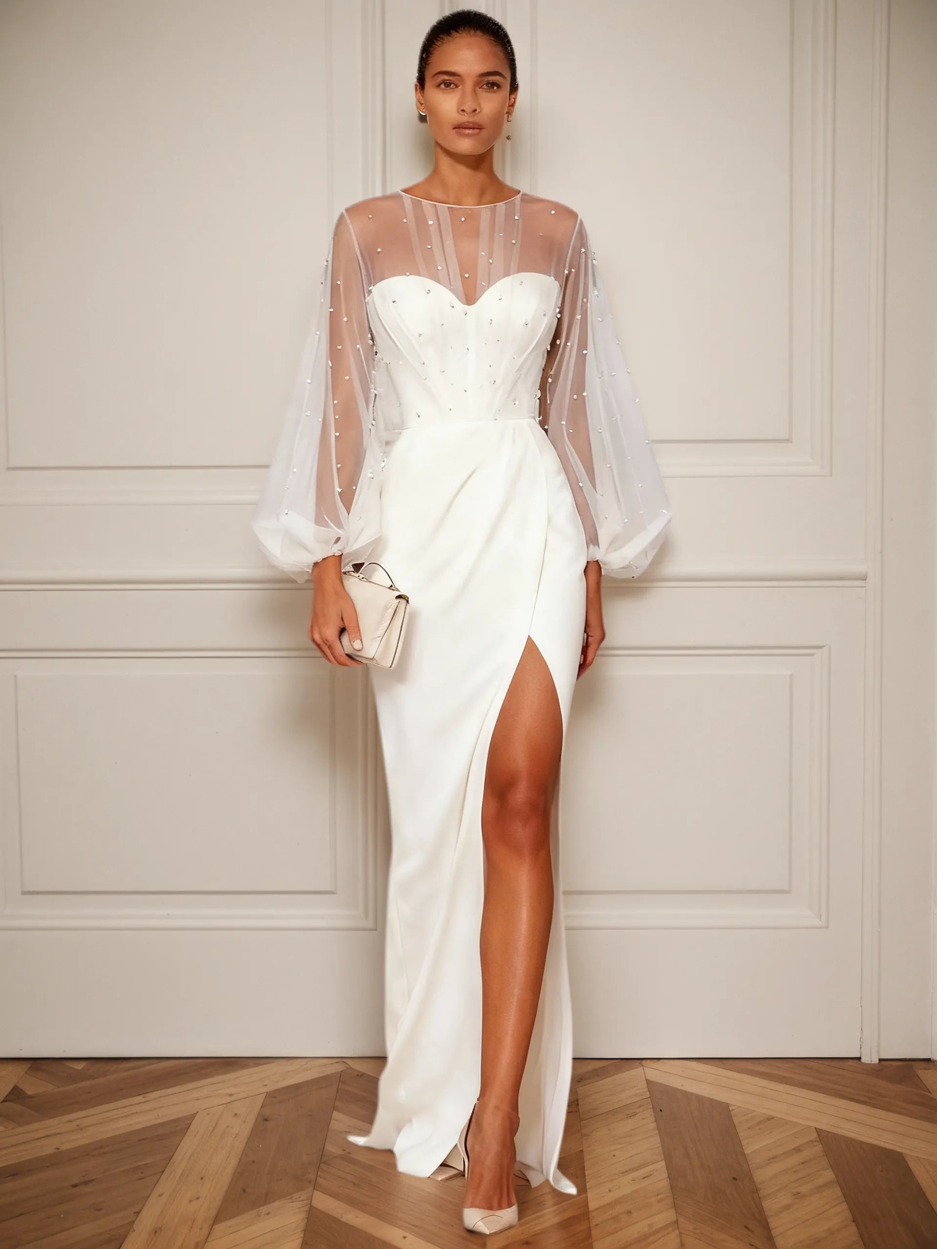 White Faux Pearl Side-Slit Classic Crew Neck Long Sleeve Puff Sleeve Sheath Bridal Gown Dress