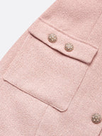 Pink Buckle Pocket Stitching Tweed Spaghetti Sleeveless Sheath Midi Dress