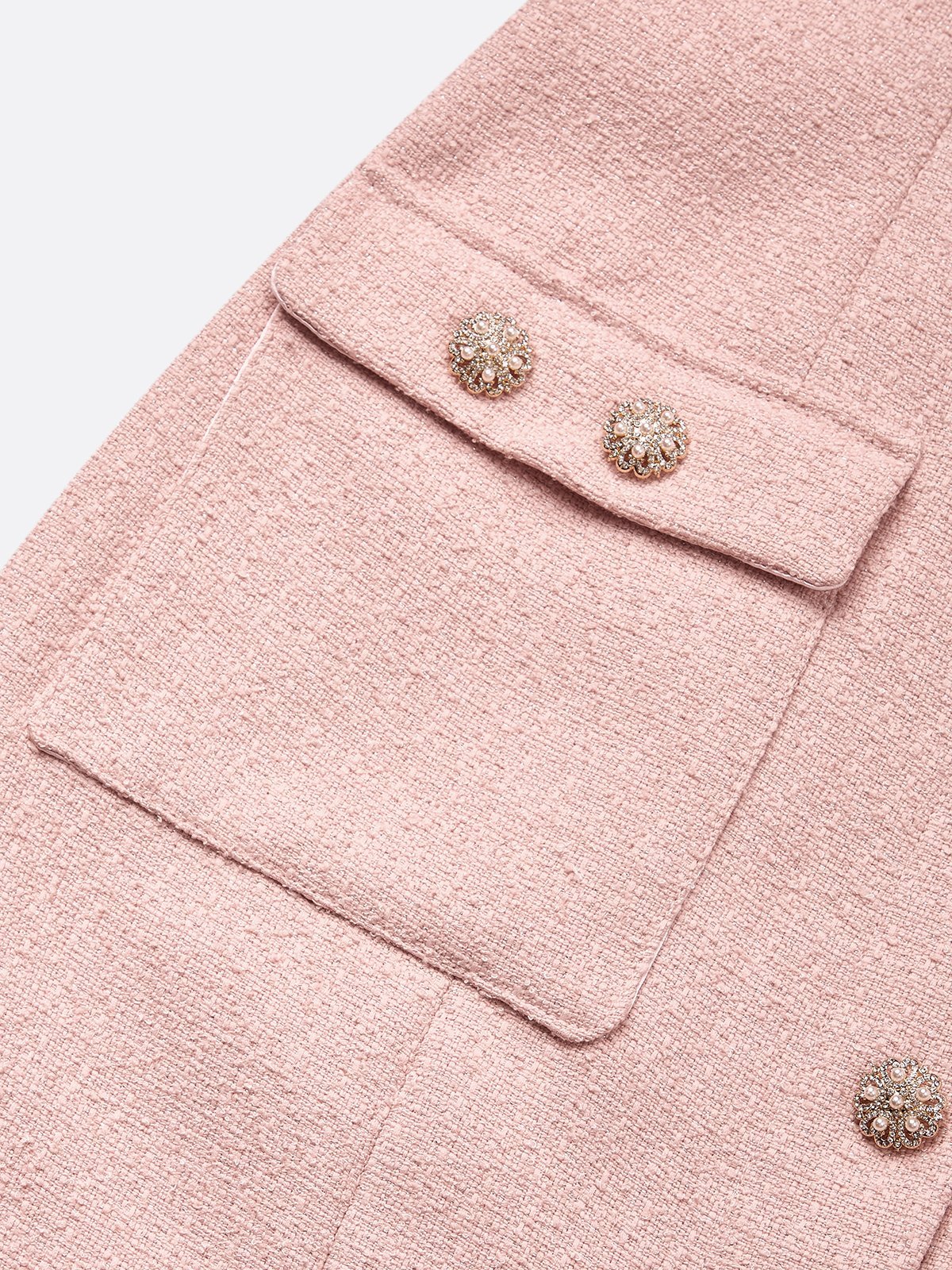 Pink Buckle Pocket Stitching Tweed Spaghetti Sleeveless Sheath Midi Dress