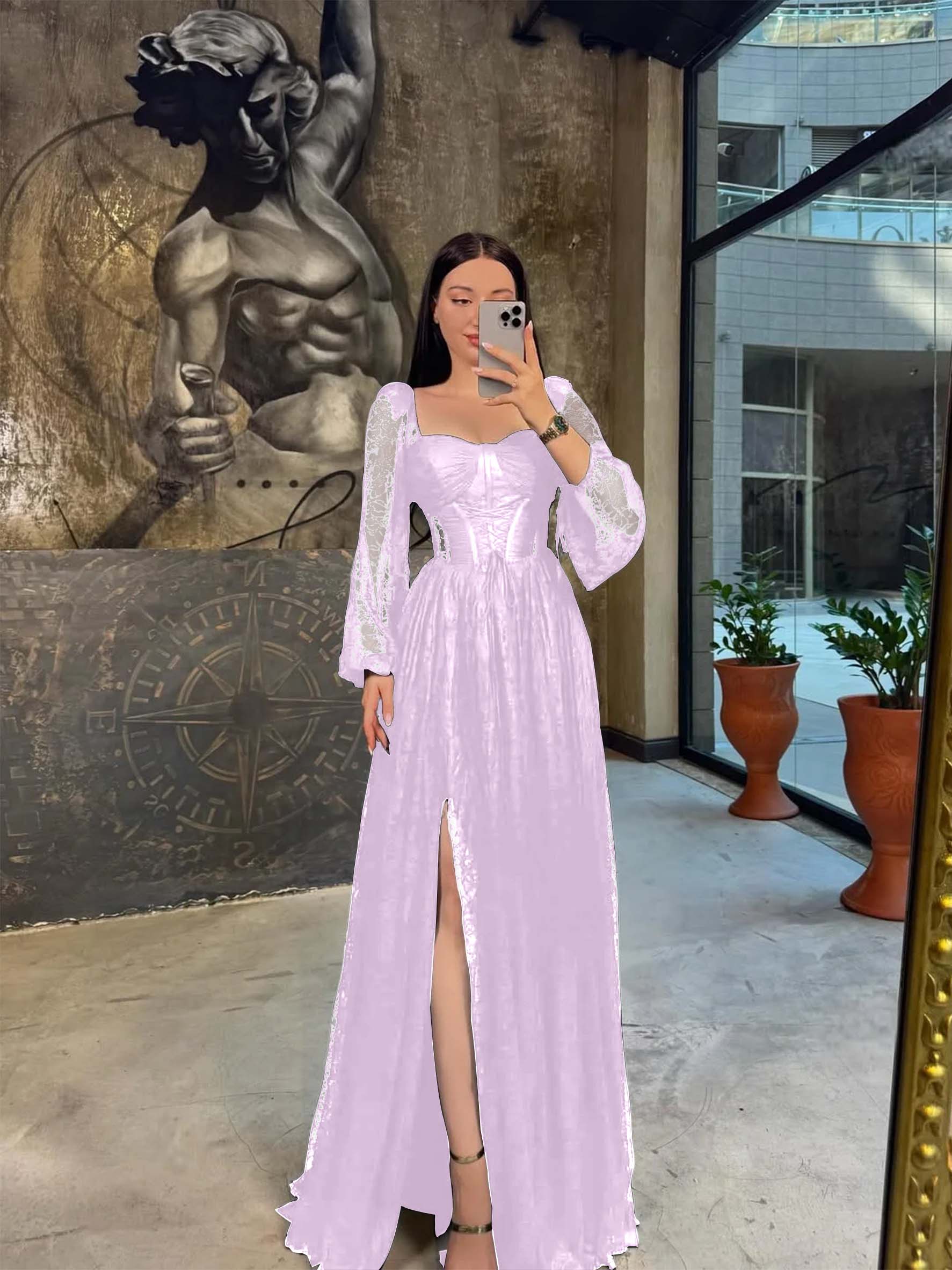 Lace Square Neck  Lantern Long Sleeves Long A-Line Pleated Prom Dress With Split And Corset YK0413