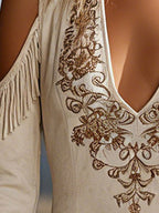 Western-style Retro Tassel Embroidered White Long-sleeved Off-shoulder Faux Suede Mini Dress