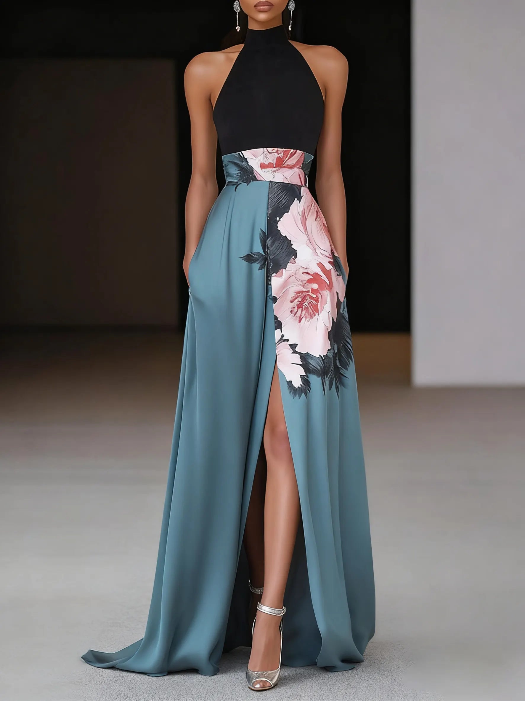 Black Floral Slit Satin Halter Neck Sleeveless A-Line Floor-length Gown Dress