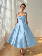 Satin Strapless Spaghetti Straps Sleeveless Pleated A-Line Prom Dress With Pleated And Bows YK0612