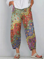 Women's Ethnic Wave Patchwork Art Print Flowy Linen Blend Casual Pants