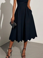 Black Asymmetric Classic Scalloped Square Neck Short Sleeve A-Line Midi Dress