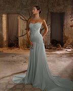 Chiffon Sweetheart Strapless Sleeveless Long Mermaid Prom Dress With Ruffles And Pleated YK0705