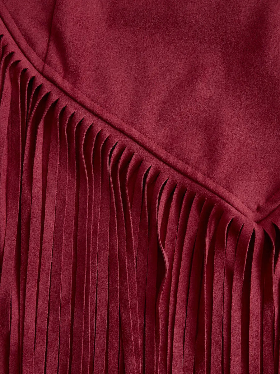 Western Retro Red Faux Suede Slit Fringe Midi Skirt