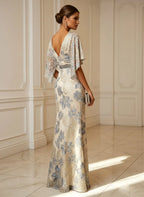 Champagne Classic V Neck Half Sleeve Mermaid Floor-length Gown Dress