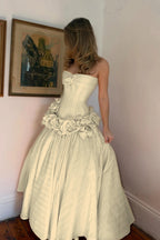 Cocoslly Strapless Sleeveless High Waist Long A Line Prom Dress With Flowers | Nude Pink Satin YC0415