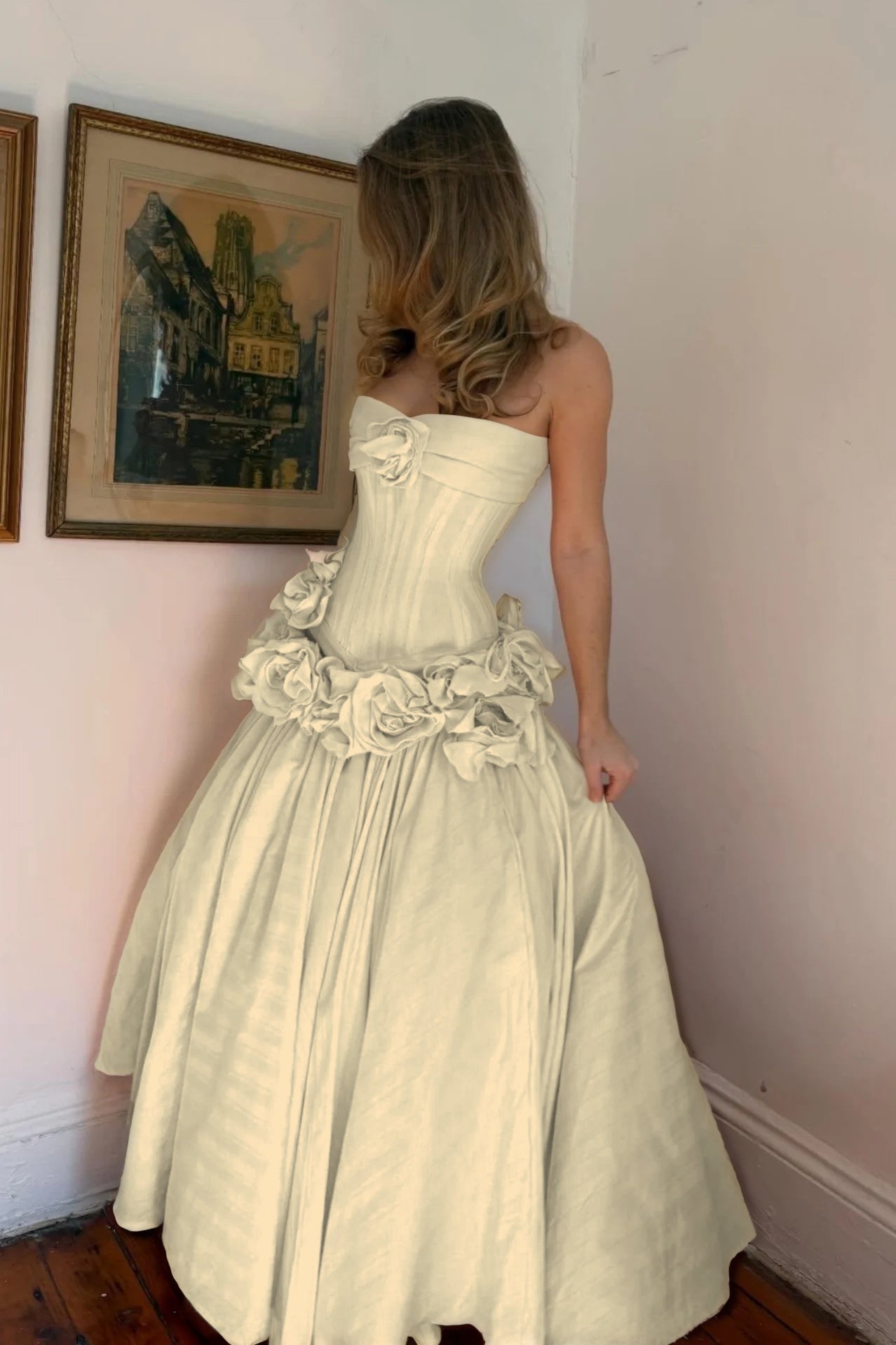 Cocoslly Strapless Sleeveless High Waist Long A Line Prom Dress With Flowers | Nude Pink Satin YC0415