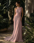 Cocoslly One Shoulder Sleeveless High Waist Long Prom Dress With Rhinstone | Green Chiffon LX0087