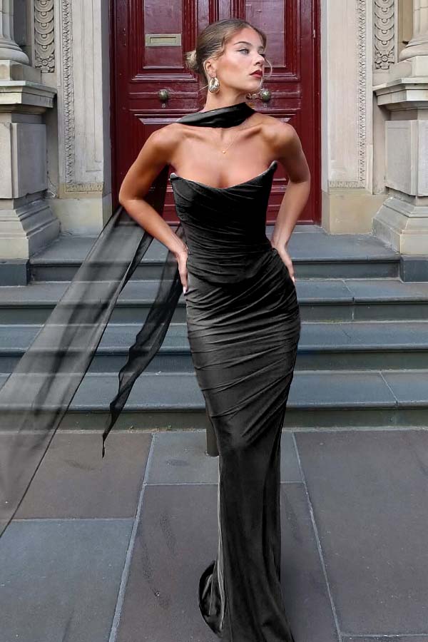 Chiffon Strapless Sleeveless Long Mermaid Prom Dress With Pleated YK0036