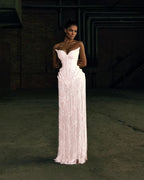 Cocoslly Strapless Sleeveless High Waist Long Prom Dress | Silver White Beading Pearls YK1253