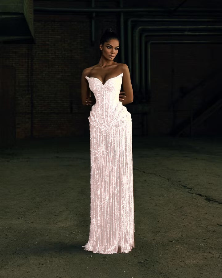 Cocoslly Strapless Sleeveless High Waist Long Prom Dress | Silver White Beading Pearls YK1253