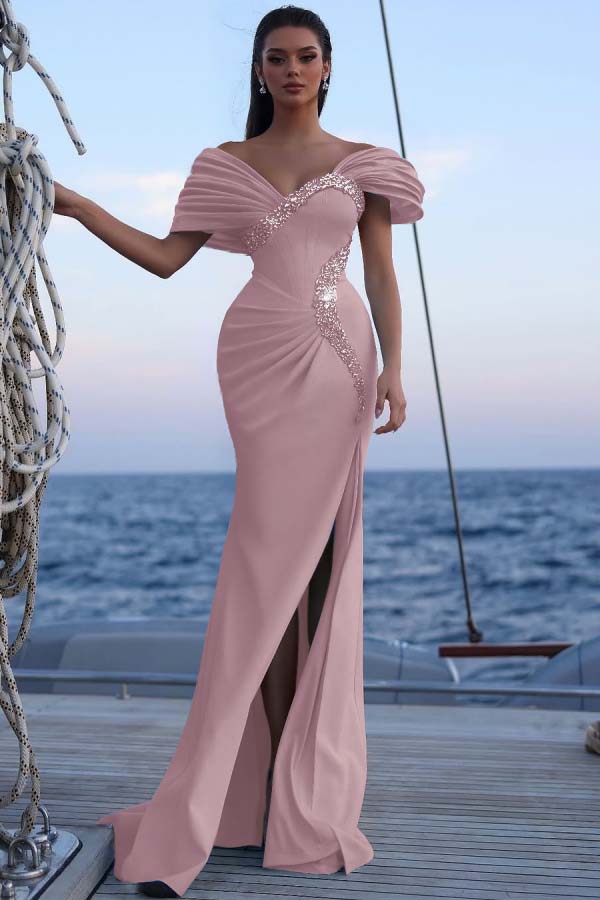 Cocoslly Off-The-Shoulder Beaded Split Long Prom Dress With Sequins Acrylic Rhinestones | Sky Blue Satin ZT0483