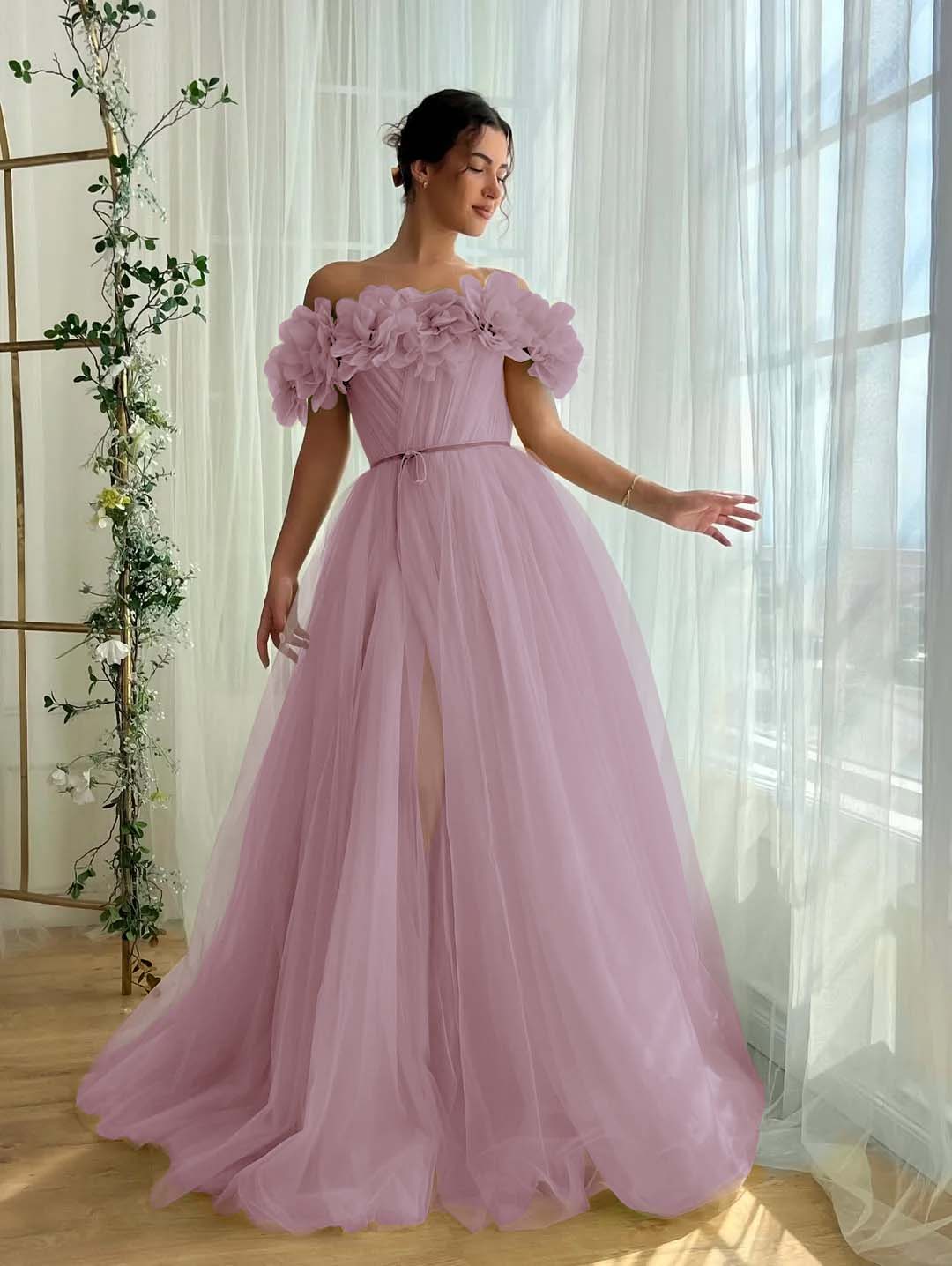 Tulle Off-The-Shoulder Strapless Sleeveless Long Pleated A-Line Prom Dress With Flower Appliques And Split YK0615