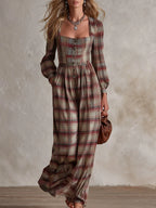 Vintage-style Elegant Reddish-brown Plaid Square-neck Long-sleeve Jumpsuit