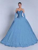 Tulle Sweetheart Strapless Sleeveless Long A-Line Prom Dress With Bow And Gloves YK0721
