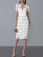 Purplish blue Organza Plaid Classic V Neck Short Sleeve Sheath Midi Dress