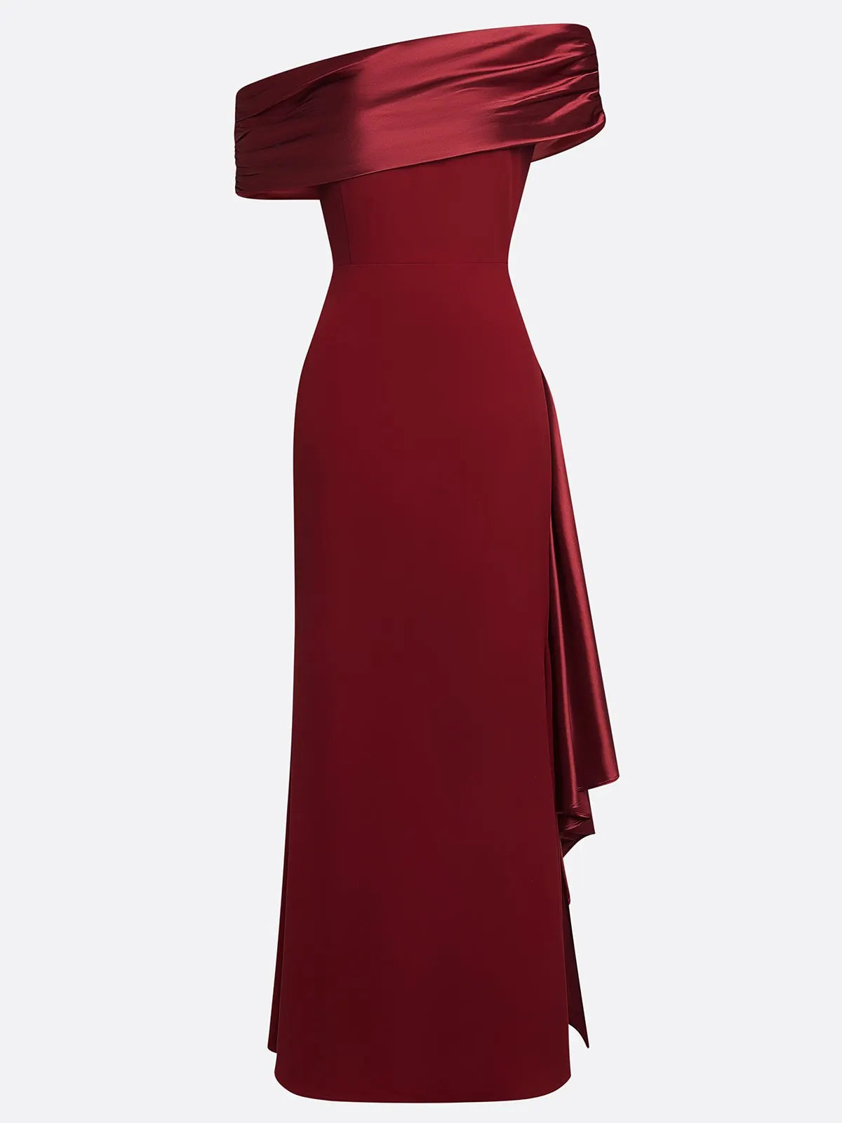 Wine Red Ruffled Classic One Shoulder Mermaid Maxi Dress