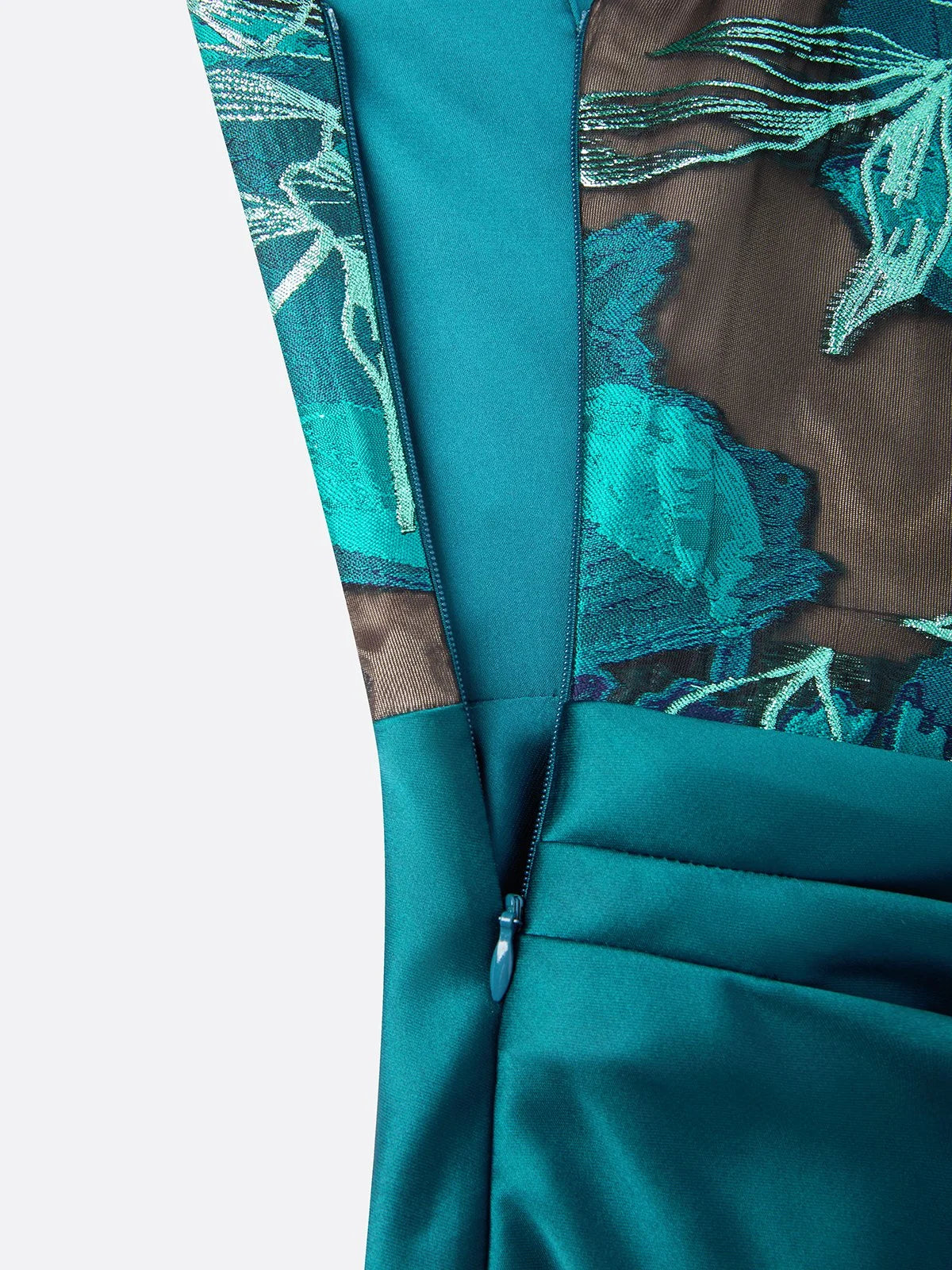 Cyan Jacquard Ruched Satin Boat Neck Sleeveless Sheath Floor-length Gown Dress