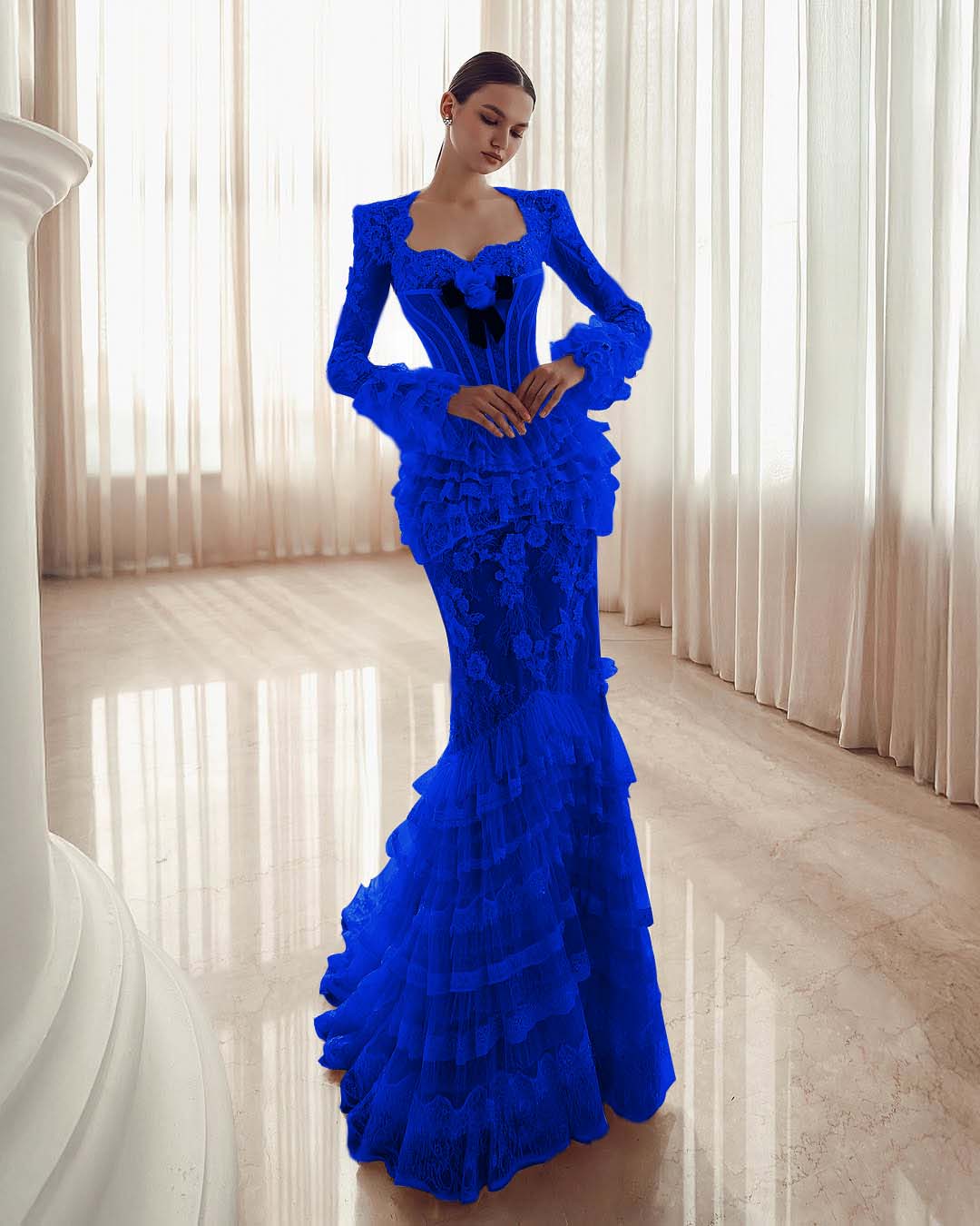Long Sleeves Sweetheart Long Mermaid Prom Dress With Lace Appliques YK0181