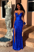 Red Strapless Sleeveless Long Mermaid Prom Dress With Sequins Split XJ0657