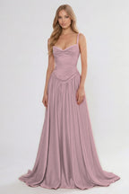 Cocoslly Spaghetti Straps Sleeveless High Waist Long Prom Dress With Appliques | Pink Satin