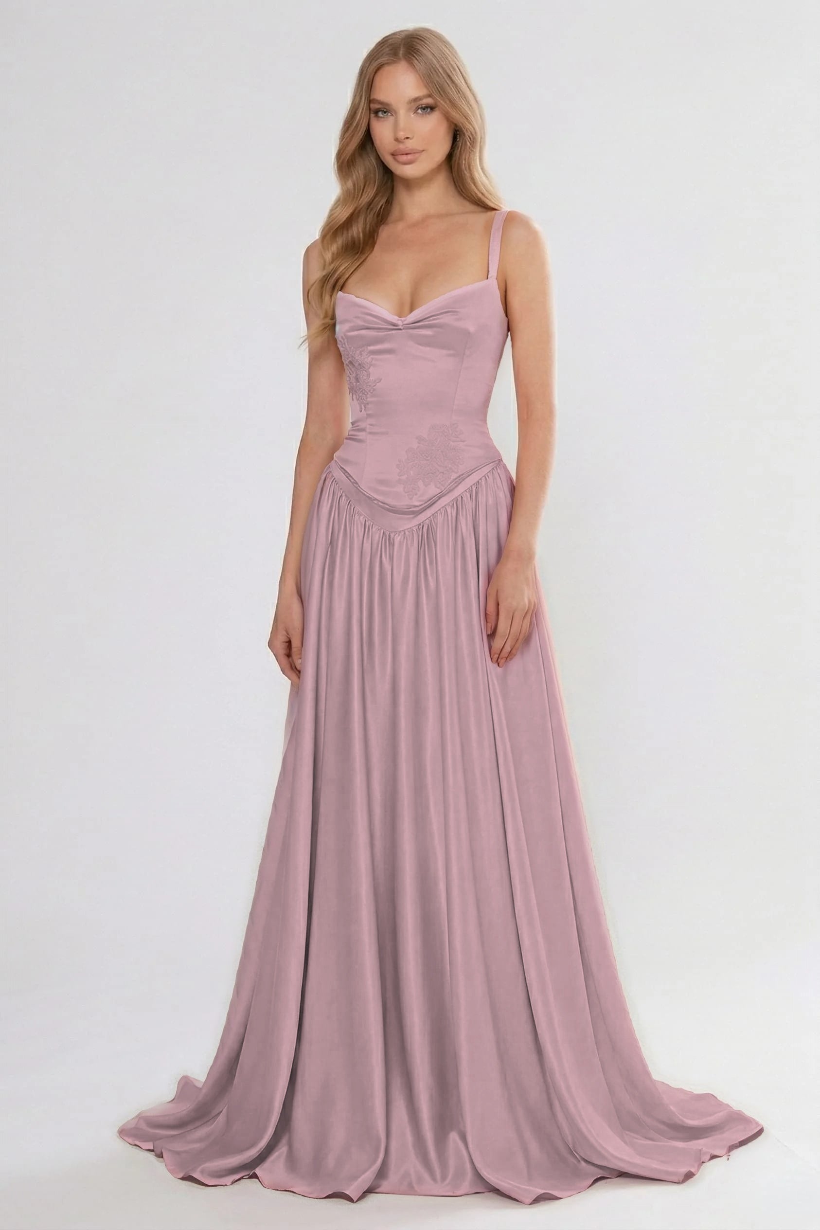 Cocoslly Spaghetti Straps Sleeveless High Waist Long Prom Dress With Appliques | Pink Satin