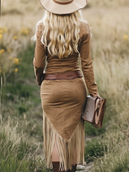 Retro Western Lapel Zipper Long Sleeve Tassel Midi Dress