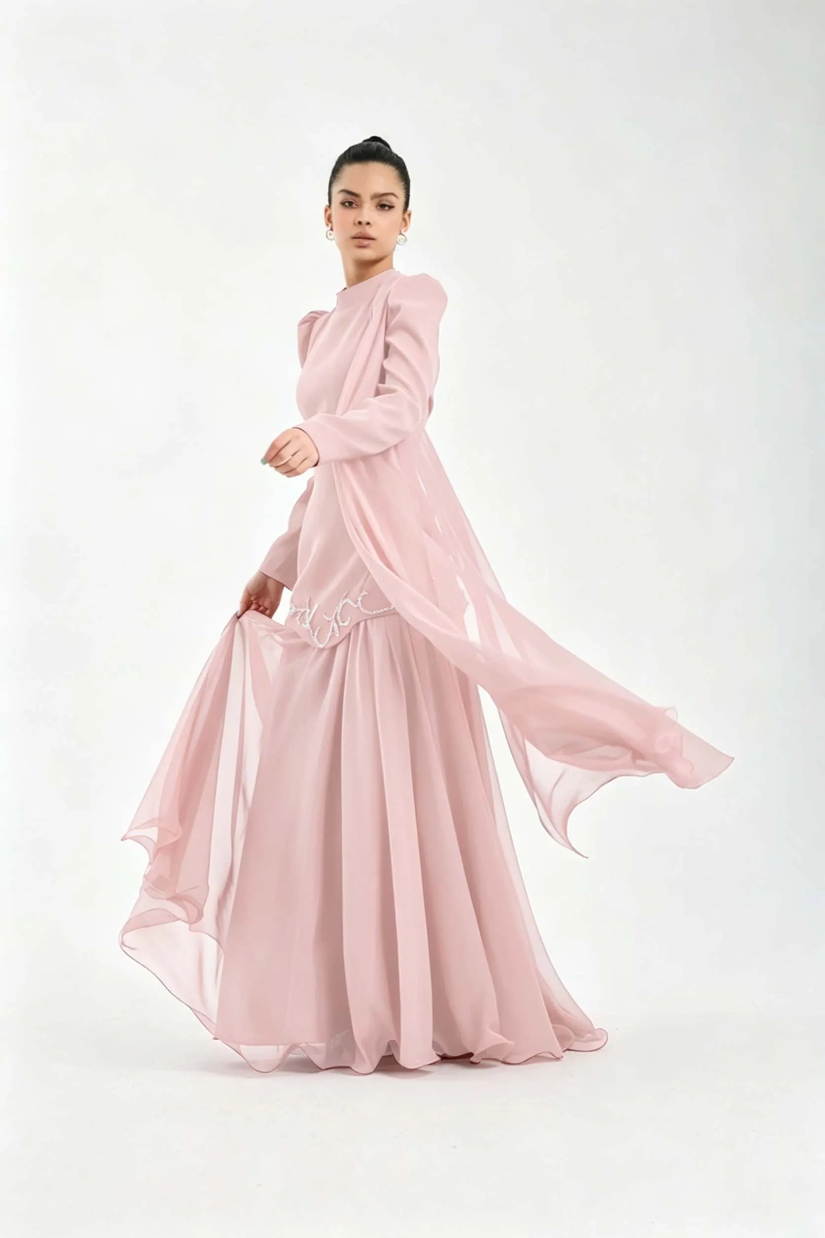 Cocoslly High Neck Long Sleeves High Waist Long Prom Dress With Rhinstone | Cabemet Chiffon LR0407