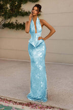 Halter V Neck Sleeveless Long Mermaid Prom Dress With Appliques WQ0176