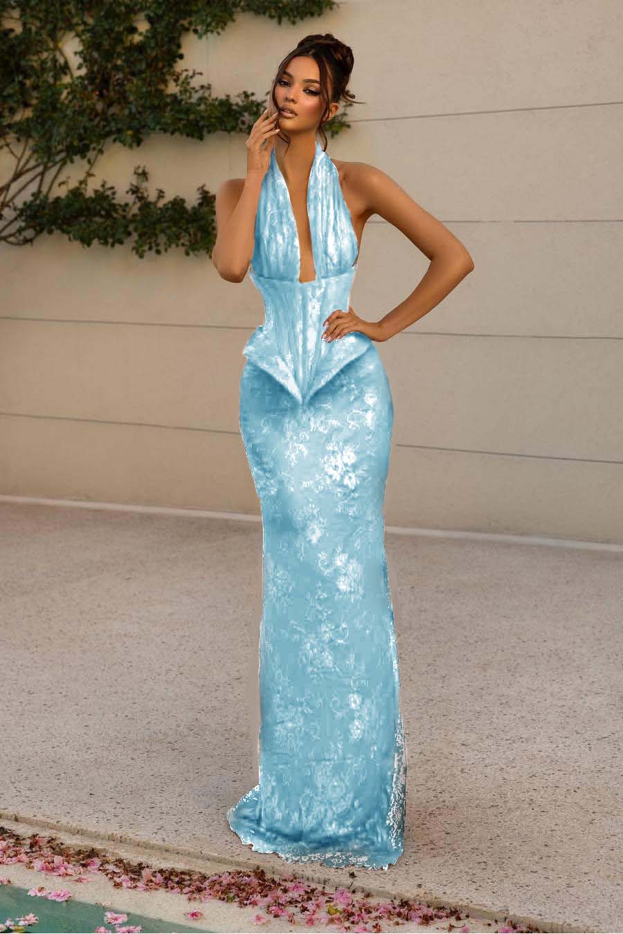 Halter V Neck Sleeveless Long Mermaid Prom Dress With Appliques WQ0176